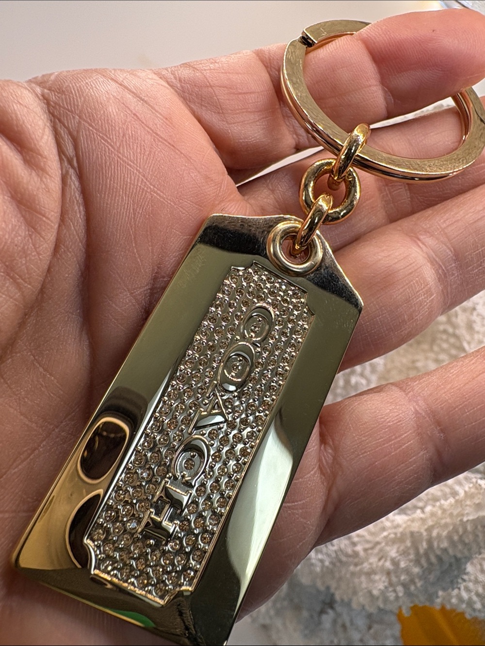 Coach Gold Crystal Logo Tag Keychain